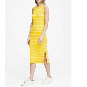 [M]Banana Republic Knit Stripe Sleeveless Dress Yellow White Side Slit